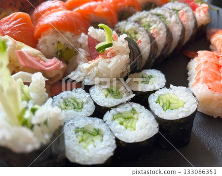 Sushi Plate, Fish Maki Rolls, Japan Seafood 133086351