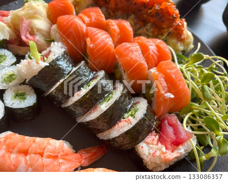 Sushi Plate, Fish Maki Rolls, Japan Seafood 133086357