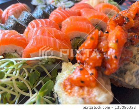 Sushi Plate, Fish Maki Rolls, Japan Seafood 133086358