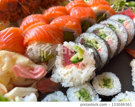 Sushi Plate, Fish Maki Rolls, Japan Seafood 133086361