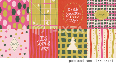 Quirky Christmas cards set. Modern abstract geometric design with stripes, dots and funny lettering quotes. Trendy hand drawn illustration for season banner, poster, cover. Vector illustration. 133086471