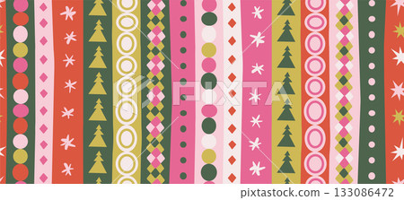 Striped rustic Christmas decorative wrapping paper and textile Seamless patterns. Hand drawn quirky doodle ornament with stripes decorated with dots, firs, stars shapes design for new year. Vector 133086472