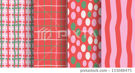 Christmas set of quirky childish seamless patterns. Abstract hand quirky dotted, striped, plaid, and checkered designs. Doodle festive, party, and xmas decorative wrapping paper. Flat vector 133086475