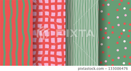 Colorful bright quirky Christmas seamless patterns set. Abstract funky contemporary style. Groovy checkered, stripes and dotted backgrounds, wrapping paper, print. Hand drawn Vector illustration. 133086476