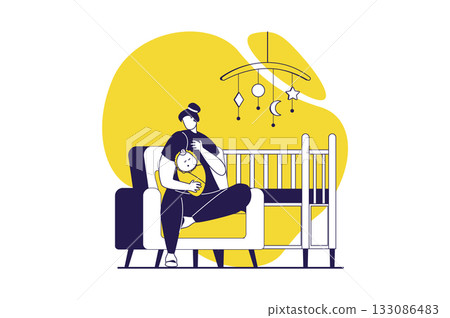 Family with newborn baby web concept with flat people for website design. Young mother cuddling her infant child, taking care little kid and preparing to sleeping in bedroom. Vector illustration. 133086483