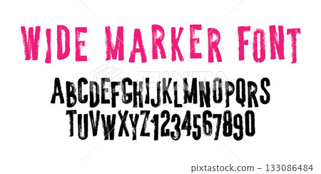 Wide marker style alphabet and numbers on white background in rough bold texture. Wide marker style alphabet and numbers on white background in rough bold texture. 133086484