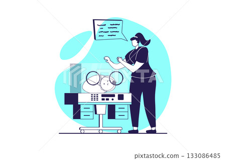 Family with newborn baby web concept with flat people for website design. Nurse taking care about little kid in hospital maternity ward with professional pediatric treatment. Vector illustration. 133086485