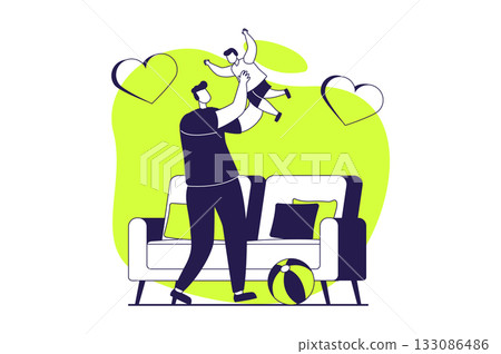 Family with newborn baby web concept with flat people for website design. Young father playing with little son at home, parenting and taking care child, bonding with toddler kid. Vector illustration. 133086486