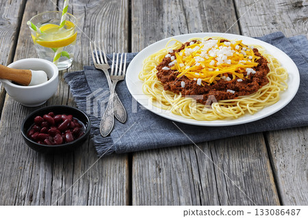 Cincinnati chili with spaghetti on white plate Cincinnati chili with spaghetti on white plate 133086487