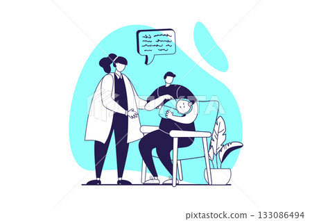 Family with newborn baby web concept with flat people for website design. Young father with little kid visiting clinic, getting pediatric consultation and taking care child. Vector illustration. Family with newborn baby web concept with flat people for website design. Young father with little kid visiting clinic, getting pediatric consultation and taking care child. Vector illustration. 133086494