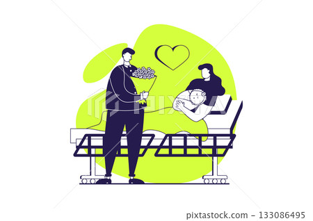 Family with newborn baby web concept with flat people for website design. Young mother lies on bed with little kid in hospital maternity ward, father with flower visiting their. Vector illustration. Family with newborn baby web concept with flat people for website design. Young mother lies on bed with little kid in hospital maternity ward, father with flower visiting their. Vector illustration. 133086495