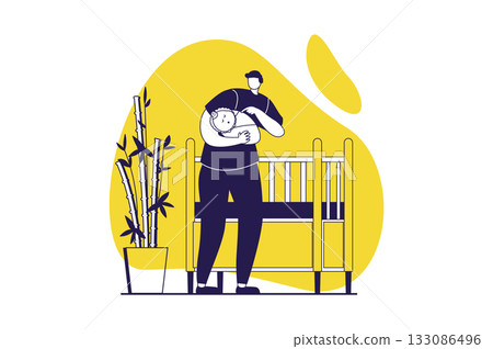 Family with newborn baby web concept with flat people for website design. Young father playing with infant child, taking care his little son, preparing kid to sleep in bedroom. Vector illustration. 133086496