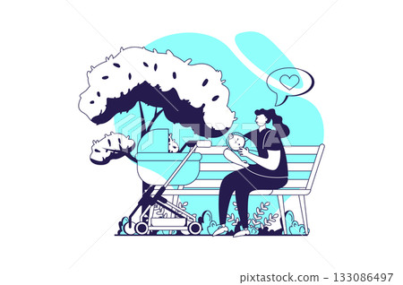 Family with newborn baby web concept with flat people for website design. Young mother with little infant child sitting on bench in park, walking with children stroll outdoors. Vector illustration. 133086497