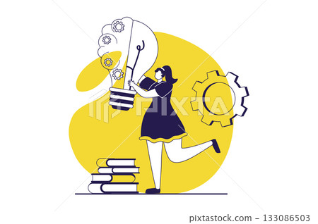 Mental mindset types web concept with flat people for website design. Woman with creative technical mind engineering and solving tech problems, researching and improving gears. Vector illustration. 133086503