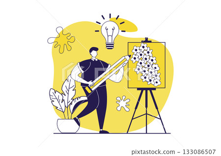 Mental mindset types web concept with flat people for website design. Man with creative mind painting, drawing with inspiration and motivation, thinking and creating ideas. Vector illustration. 133086507