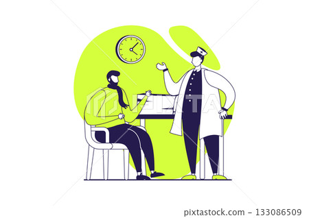 Medical clinic web concept with flat people for website design. Sick man visiting therapist office, getting doctor consultation, diagnostics disease and therapy prescription. Vector illustration. Medical clinic web concept with flat people for website design. Sick man visiting therapist office, getting doctor consultation, diagnostics disease and therapy prescription. Vector illustration. 133086509