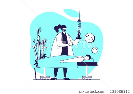 Medical clinic web concept with flat people for website design. Doctor making vaccination with syringe, doing prevention treatment procedure to patient diseases protection. Vector illustration. Medical clinic web concept with flat people for website design. Doctor making vaccination with syringe, doing prevention treatment procedure to patient diseases protection. Vector illustration. 133086512
