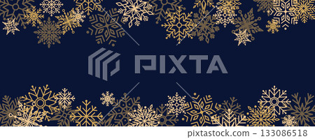 Winter frame with gold and brown snowflakes on a dark blue background. An elegant frosty frame for Christmas and New Year's cards.  133086518