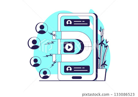 Marketing web concept with flat people for website design. Advertising campaigns with sharing information, attracting audience online, clients interacting with posts at apps. Vector illustration. Marketing web concept with flat people for website design. Advertising campaigns with sharing information, attracting audience online, clients interacting with posts at apps. Vector illustration. 133086523