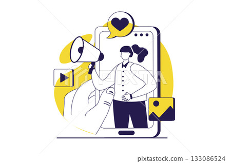 Marketing web concept with flat people for website design. Woman with megaphone announcing promo information, attracting audience online, client interacting with posts at phone. Vector illustration. 133086524