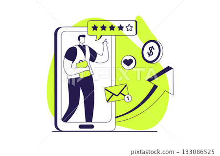 Marketing web concept with flat people for website design. Man making promo mailing, attracting audience online, making posts with advertising links, increasing client growth. Vector illustration. 133086525