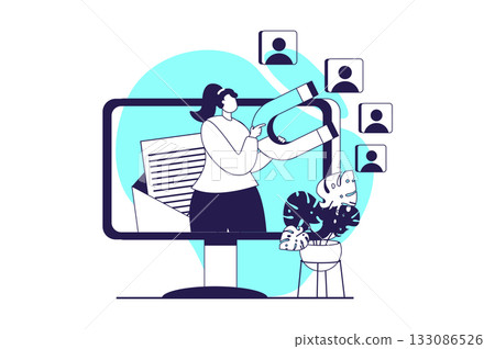 Marketing web concept with flat people for website design. Woman with magnet attracting new customers, doing advertising campaigns with success strategy, showing efficient result. Vector illustration. 133086526