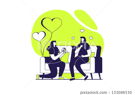 LGBTQ couple web concept with flat people for website design. Two lesbian women dating and spending romantic time together, declaration love, making proporsal with wedding ring. Vector illustration. LGBTQ couple web concept with flat people for website design. Two lesbian women dating and spending romantic time together, declaration love, making proporsal with wedding ring. Vector illustration. 133086530