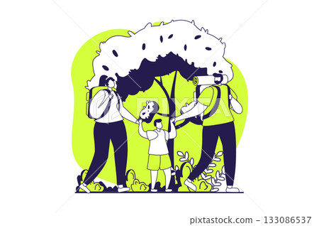 Healthy families web concept with flat people for website design. Mother, father and son with backpack go hiking together, trekking in forest and camping, lead active lifestyle. Vector illustration. 133086537