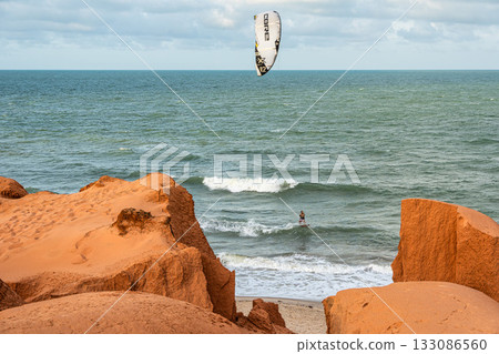 The rock formations at Canoa Quebrada Beach at Canoa Quebrada, state of Ceara, Brazil 133086560