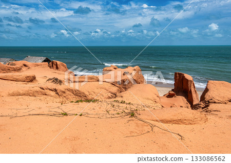 The rock formations at Canoa Quebrada Beach at Canoa Quebrada, state of Ceara, Brazil 133086562