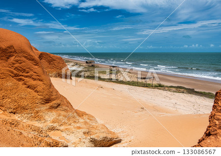 The rock formations at Canoa Quebrada Beach at Canoa Quebrada, state of Ceara, Brazil 133086567