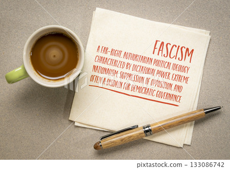 Fascism is a far-right, authoritarian political ideology characterized by dictatorial power, extreme nationalism, suppression of opposition, and often a disdain for democratic governance. Fascism is a far-right, authoritarian political ideology characterized by dictatorial power, extreme nationalism, suppression of opposition, and often a disdain for democratic governance. 133086742
