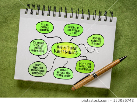 Japanese concept of shinrin yoku, forest bathing, the practice of immersing oneself in nature, mind map sketch Japanese concept of shinrin yoku, forest bathing, the practice of immersing oneself in nature, mind map sketch 133086748