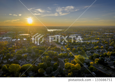 sunrise over Colorado plains and city of Fort Collins, early fall scenery 133086751