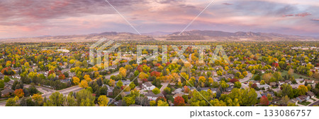 Fort Collins and foothills of Rocky Mountains with Horsetooth Rock in northern Colorado, early fall dawn scenery 133086757