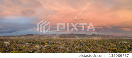 scenic sunrise cloudscape over Fort Collins and foothills of Rocky Mountains, fall scenery 133086787