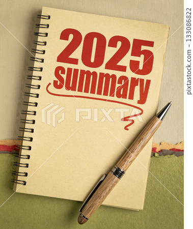 2025 year summary text in a spiral notebook, end of year business concept 133086822