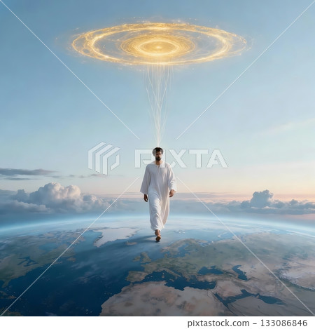 描繪一名男子在地球上行走並與太空交流的插圖 133086846