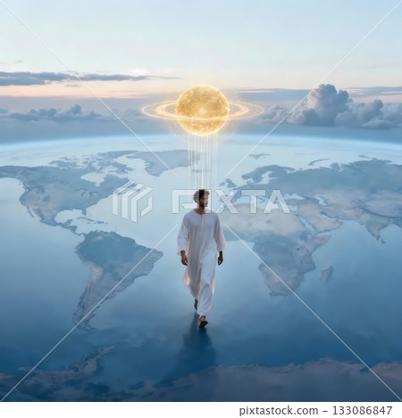 插圖描繪了一名男子在太空生物的保護下環遊地球的情景。 133086847