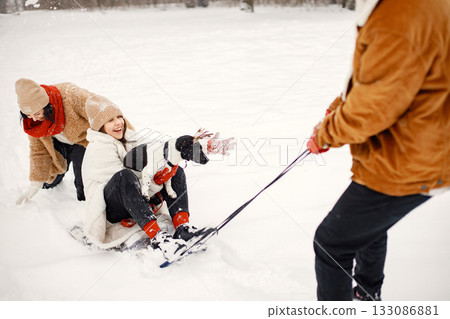 Joyful teens and their beautiful mother spending time together with lovely black dog in the winter park. Family riding on a sled. Dog wearing hoop with deer ears. Joyful teens and their beautiful mother spending time together with lovely black dog in the winter park. Family riding on a sled. Dog wearing hoop with deer ears. 133086881