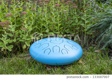 blue steel tongue drum in a backyard, percussion instrument often used for meditation and sound therapy 133087007