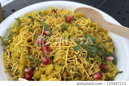Poha Indian breakfast food. Healthy pohe rice flakes dish 133087215