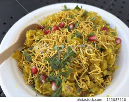 Poha Indian breakfast food. Healthy pohe rice flakes dish 133087218