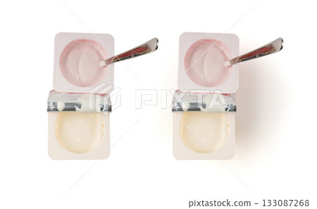 Yogurt cup isolated, vanilla yoghurt in plastic pot, milk banana pudding container, dairy food Yogurt cup isolated, vanilla yoghurt in plastic pot, milk banana pudding container, dairy food 133087268