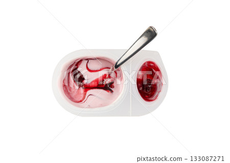 Yogurt cup isolated, white yoghurt with cherry jam in plastic pot, milk pudding container Yogurt cup isolated, white yoghurt with cherry jam in plastic pot, milk pudding container 133087271