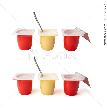 Three yogurt cup isolated, pink and yellow fruit yoghurt in plastic pot, milk pudding containers Three yogurt cup isolated, pink and yellow fruit yoghurt in plastic pot, milk pudding containers 133087274
