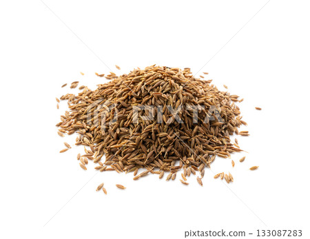 Cumin seed isolated. Caraway or fennel dry seeds close up, zeera macro, Indian cumin or zira grains Cumin seed isolated. Caraway or fennel dry seeds close up, zeera macro, Indian cumin or zira grains 133087283