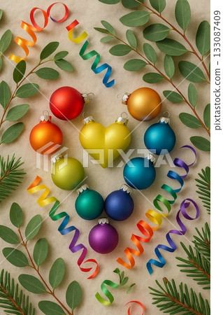 Festive Christmas Pride Flat Lay with Rainbow Ornaments, Pinecones, and Candles 133087409