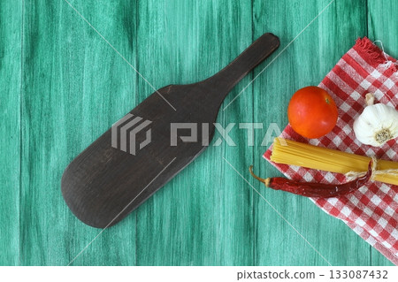 Italian Food background on green table Top view. 133087432