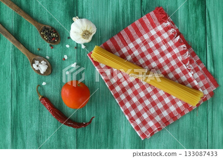 Italian Food background on green table Top view. 133087433